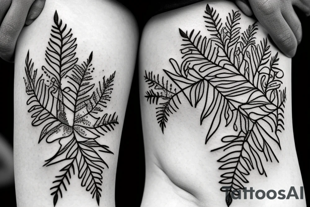 Fern leaf intertwined with a forget me not flower tattoo idea