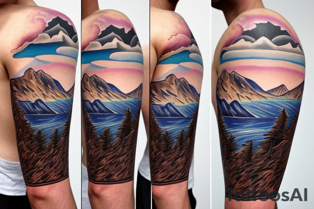 Native hockey with a storm in the background with mountains and lakes tattoo idea
