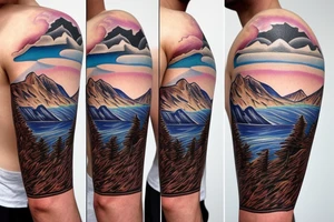 Native hockey with a storm in the background with mountains and lakes tattoo idea