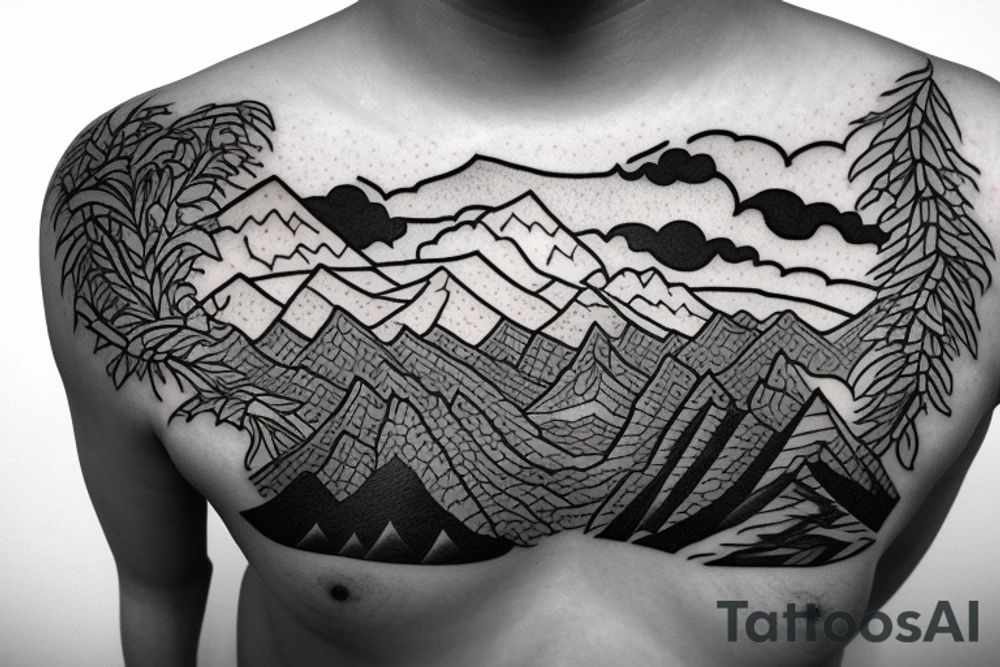 Native hockey with a storm in the background with mountains and lakes tattoo idea