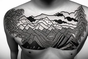 Native hockey with a storm in the background with mountains and lakes tattoo idea