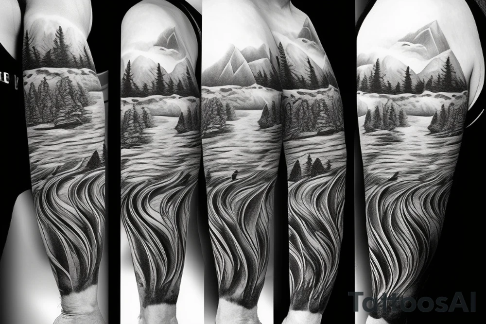 Native hockey with a storm in the background with mountains and lakes tattoo idea