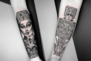 Tattoo white men forearm with fine line geometric, technology and futurist, angel, dots tattoo idea