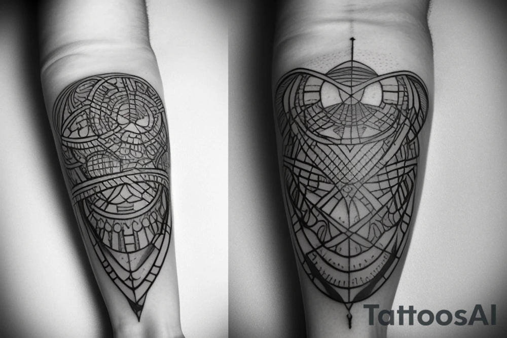 Tattoo white men forearm with fine line geometric, technology and futurist, angel, dots tattoo idea