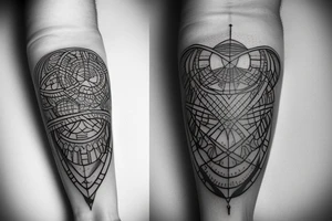 Tattoo white men forearm with fine line geometric, technology and futurist, angel, dots tattoo idea