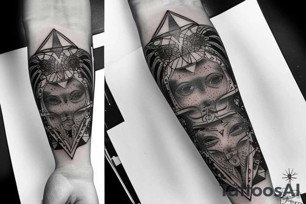 Tattoo in a white men forearm with fine lines, dots, geometric, technology, angel tattoo idea
