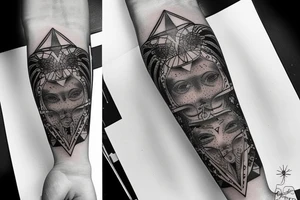 Tattoo in a white men forearm with fine lines, dots, geometric, technology, angel tattoo idea