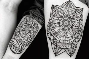 Tattoo in a white men forearm with fine lines, dots, geometric, technology, angel tattoo idea