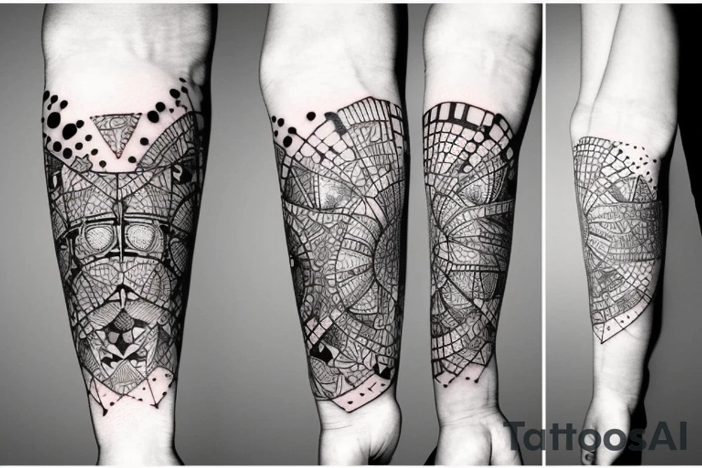 Tattoo in a white men forearm with fine lines, dots, geometric, technology, angel tattoo idea
