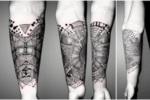 Tattoo in a white men forearm with fine lines, dots, geometric, technology, angel tattoo idea