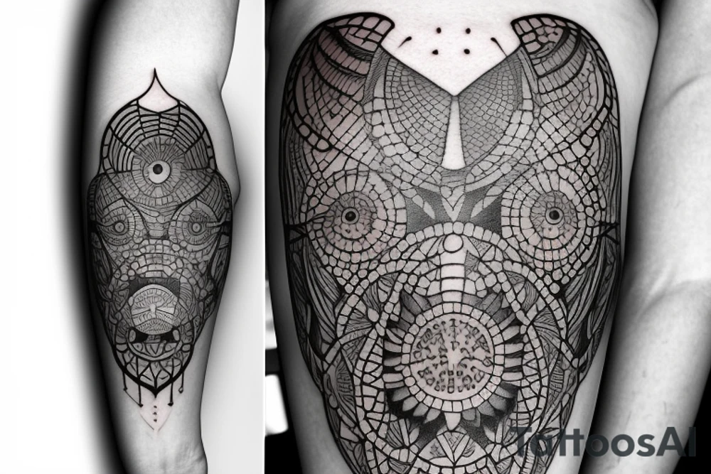 Tattoo in a white men forearm with fine lines, dots, geometric, technology, angel tattoo idea