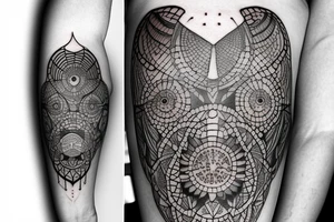 Tattoo in a white men forearm with fine lines, dots, geometric, technology, angel tattoo idea