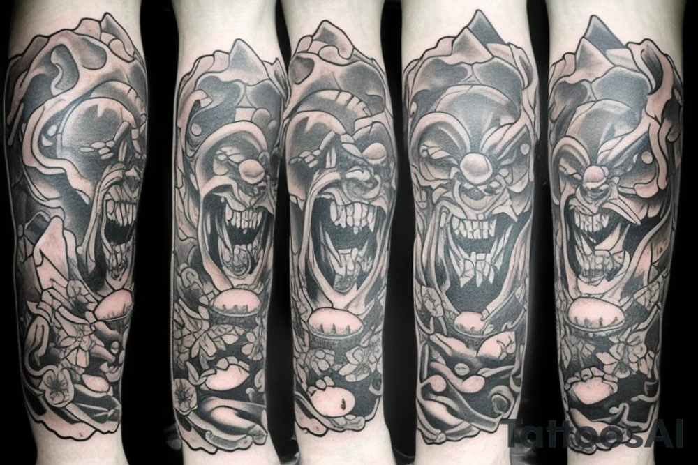 On the quad of a leg, there is an oni demon Tattoo with a dragon on the shin of the leg surrounded by a bed of hydrangeas and in the background of the hydrangeas there is a snake wrapping around the leg from the side of the quad to the ankle tattoo idea