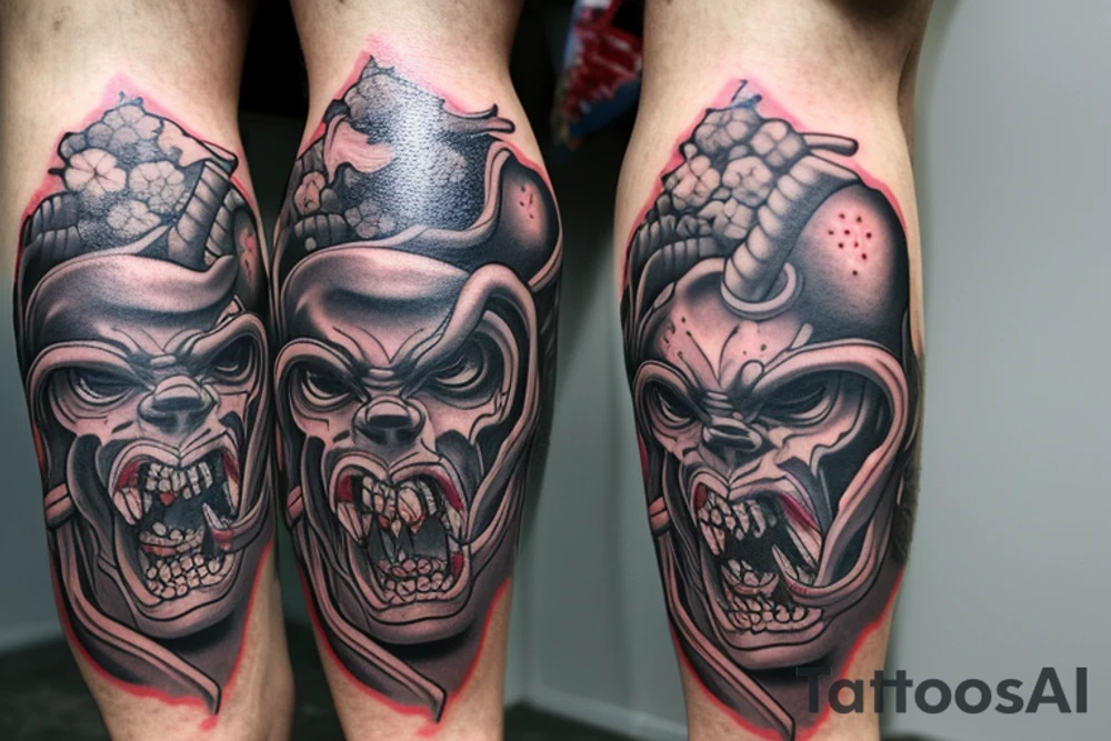 On the quad of a leg, there is an oni demon Tattoo with a dragon on the shin of the leg surrounded by a bed of hydrangeas and in the background of the hydrangeas there is a snake wrapping around the leg from the side of the quad to the ankle tattoo idea