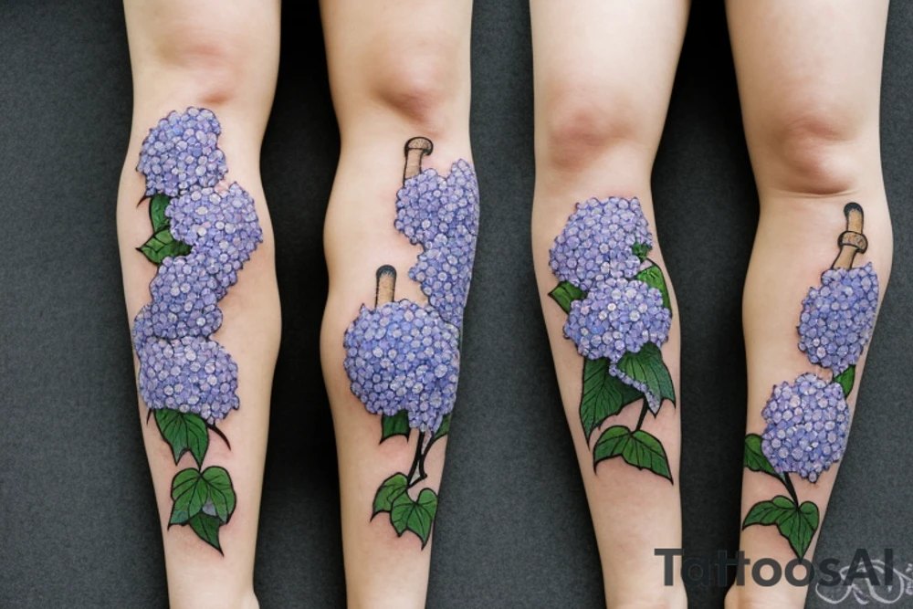 on the shin of the leg surrounded by a bed of hydrangeas and in the background of the hydrangeas there is a snake wrapping around the leg from the side of the quad to the ankle tattoo idea