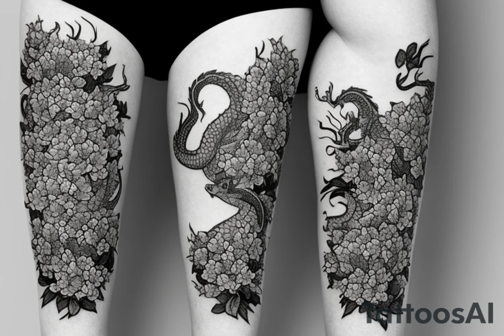 A dragon surrounded by a bed of hydrangeas  on the shin and calve of a leg tattoo idea