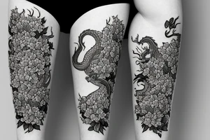 A dragon surrounded by a bed of hydrangeas  on the shin and calve of a leg tattoo idea