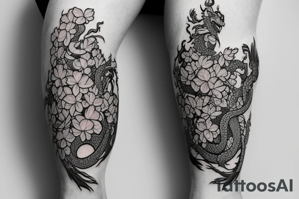 A dragon surrounded by a bed of hydrangeas  on the shin and calve of a leg tattoo idea