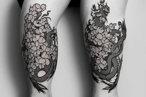 A dragon surrounded by a bed of hydrangeas  on the shin and calve of a leg tattoo idea