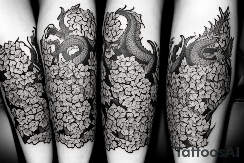 A dragon sticking out of  a bed of hydrangeas  on the shin and calve of a leg tattoo idea