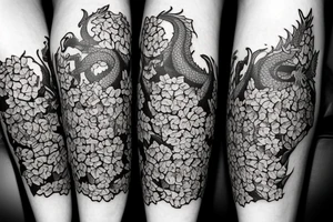 A dragon sticking out of  a bed of hydrangeas  on the shin and calve of a leg tattoo idea