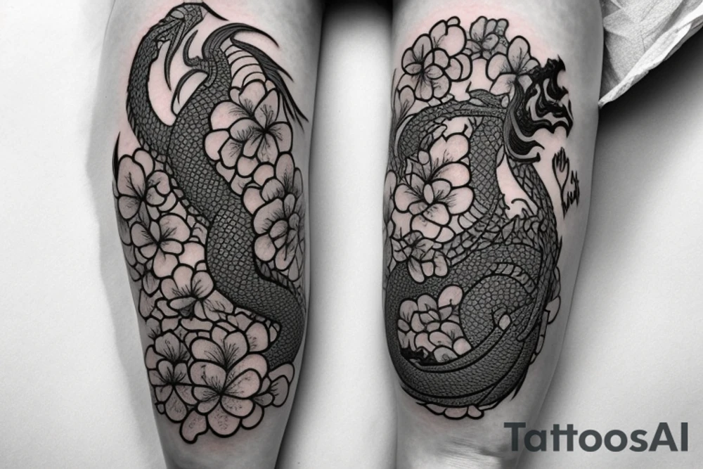 A dragon sticking out of  a bed of hydrangeas  on the shin and calve of a leg tattoo idea