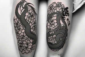 A dragon sticking out of  a bed of hydrangeas  on the shin and calve of a leg tattoo idea