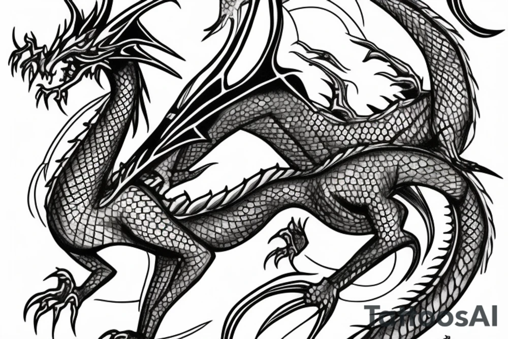 Tall dragon with red eyes tattoo idea