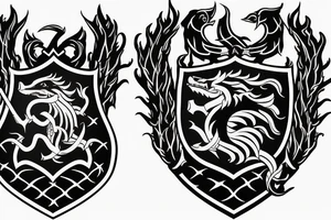 Tilley coat of arms. Black and grey 2 legged wyvern on a white shield surrounded by black and blue laurels. A gold tried helm above shield and at the top a battle axe head tattoo idea