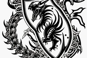 Tilley coat of arms. Black and grey 2 legged wyvern on a white shield surrounded by black and blue laurels. A gold tried helm above shield and at the top a battle axe head tattoo idea