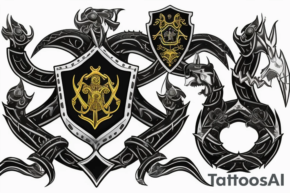 Traditional heraldic crest of a white shield with a black and grey wyvern on it with a golden helm over and a battle axe head at the top. Blue and black laurels on each side of the shiled tattoo idea