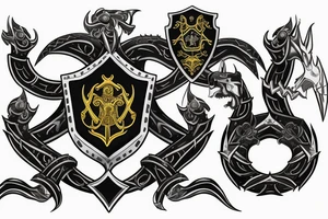 Traditional heraldic crest of a white shield with a black and grey wyvern on it with a golden helm over and a battle axe head at the top. Blue and black laurels on each side of the shiled tattoo idea