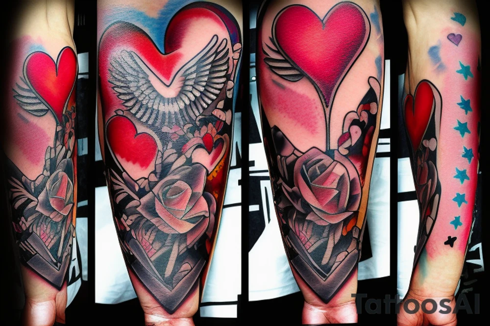 text: death before dishonor
heart
knife going through heart
colorfull tattoo idea