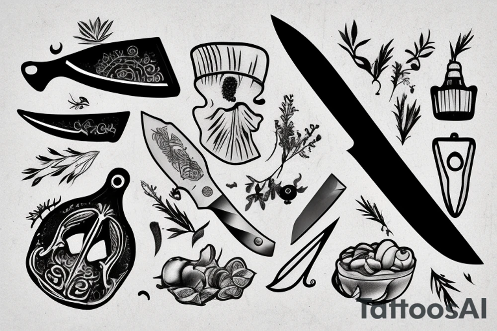 chef knife wrapped with herb tattoo idea