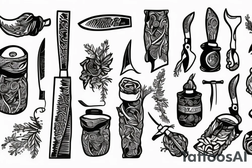 chef knife wrapped with herb tattoo idea