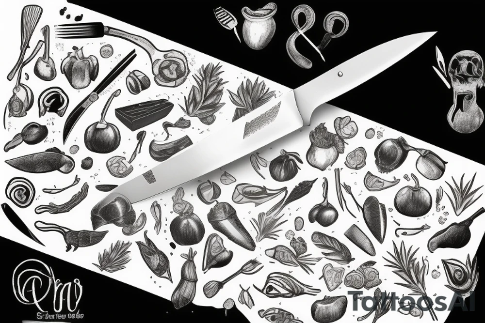 chef knife wrapped with herb tattoo idea