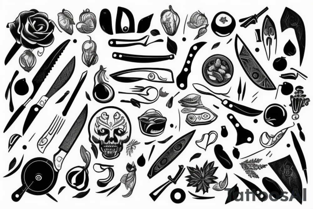 chef knife wrapped with herb tattoo idea