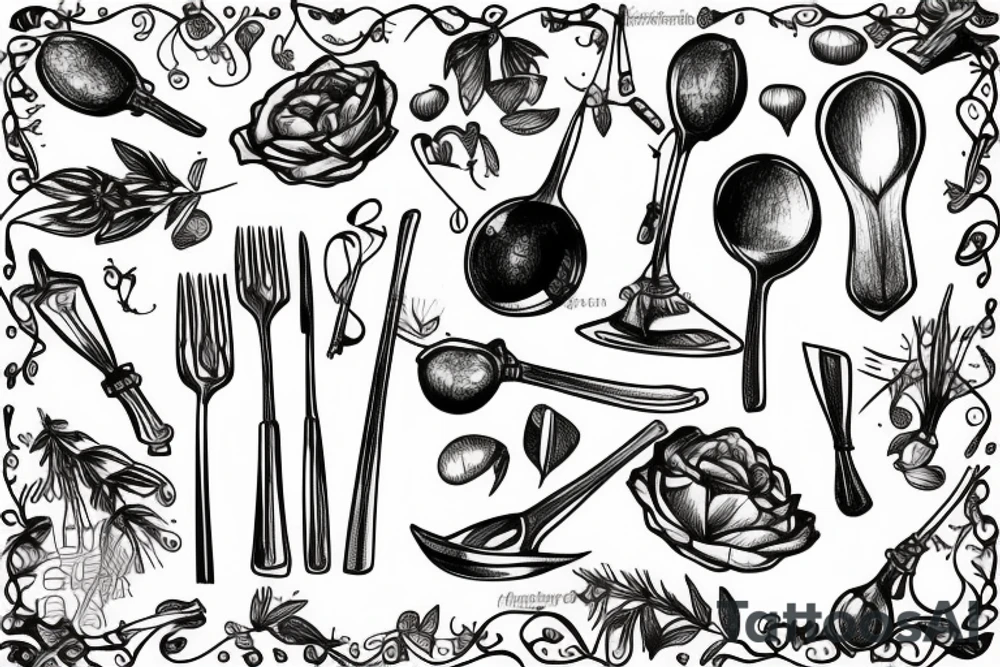 spoon and fork threaded through herb tattoo idea