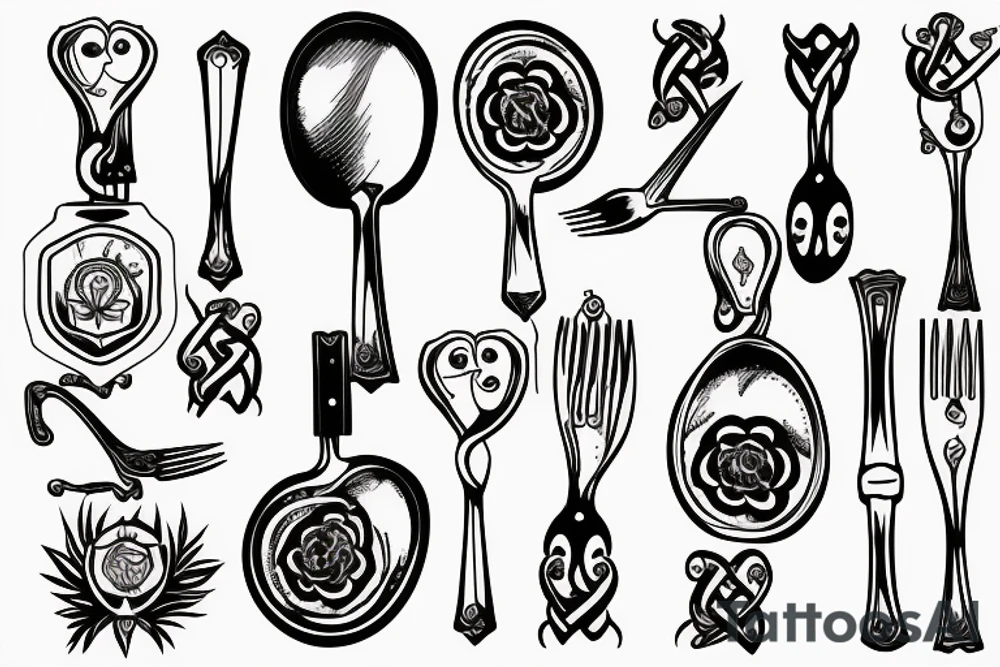 spoon and fork threaded through herb tattoo idea
