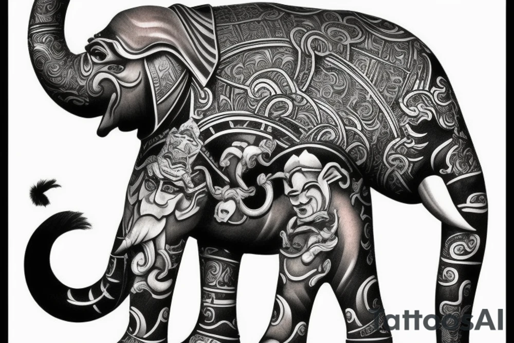 Elephant warrior and monkey king Japanese stule tattoo idea
