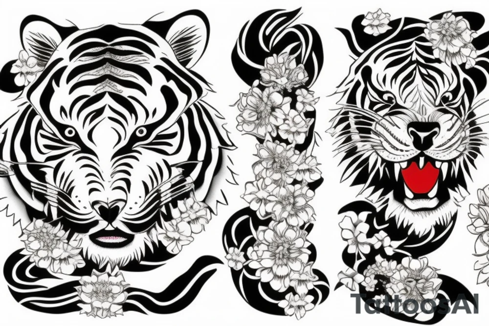 Japanese tiger with Japanese flowers tattoo idea
