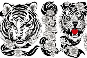 Japanese tiger with Japanese flowers tattoo idea