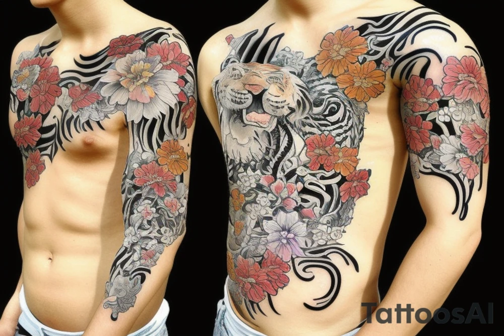 Japanese tiger with Japanese flowers tattoo idea