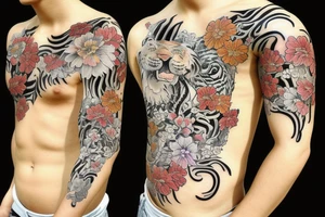 Japanese tiger with Japanese flowers tattoo idea