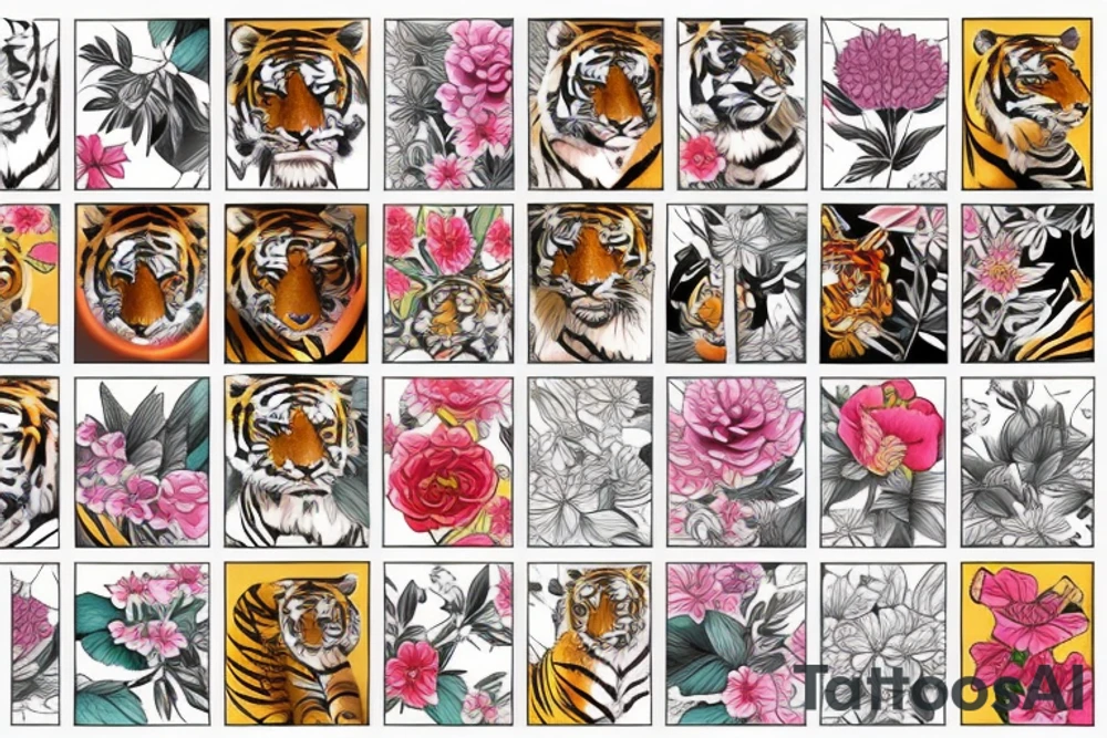 tiger with Japanese flowers tattoo idea