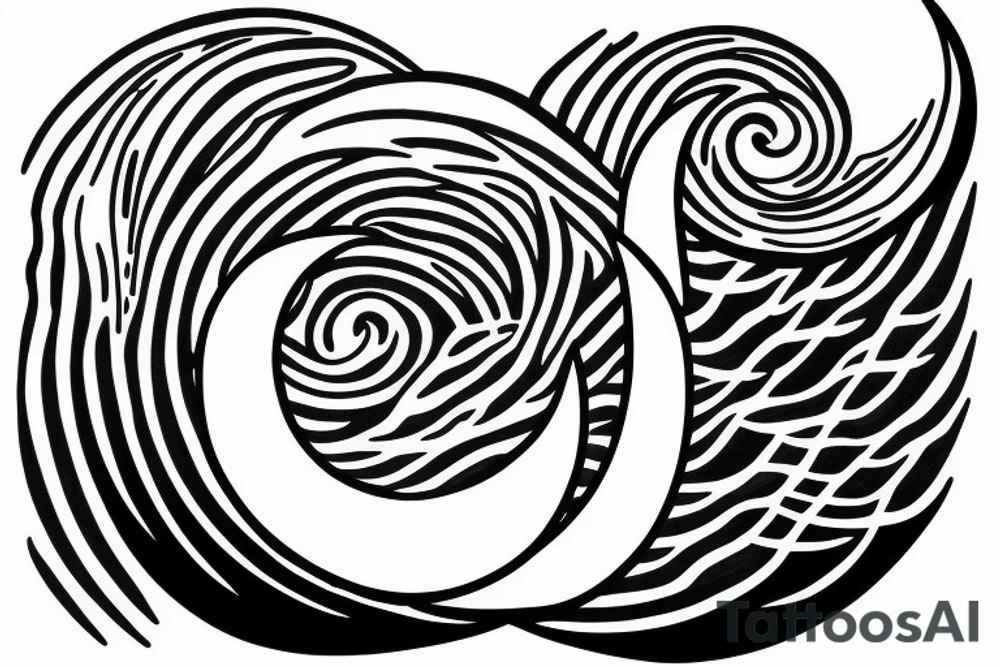Line art sunset, moon, wave tattoo idea
