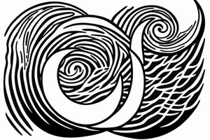 Line art sunset, moon, wave tattoo idea