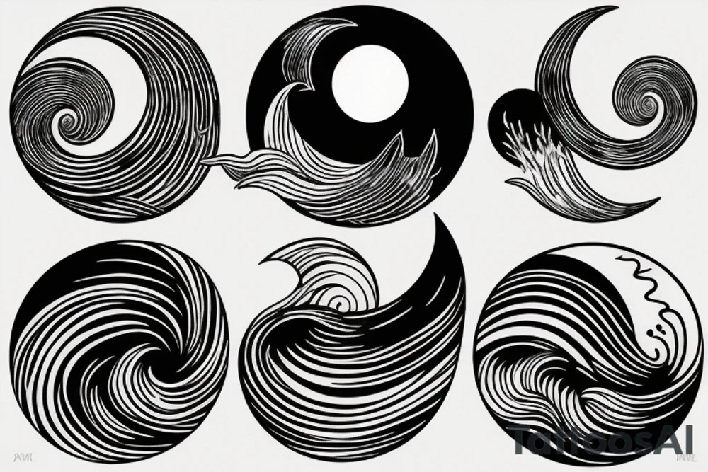 Line art sunset, moon, wave tattoo idea