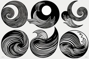 Line art sunset, moon, wave tattoo idea