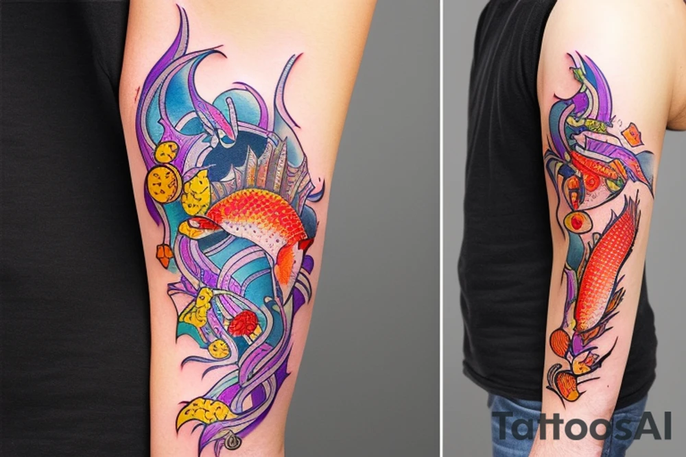 Complete arm with kobi fish with Google colour tattoo idea